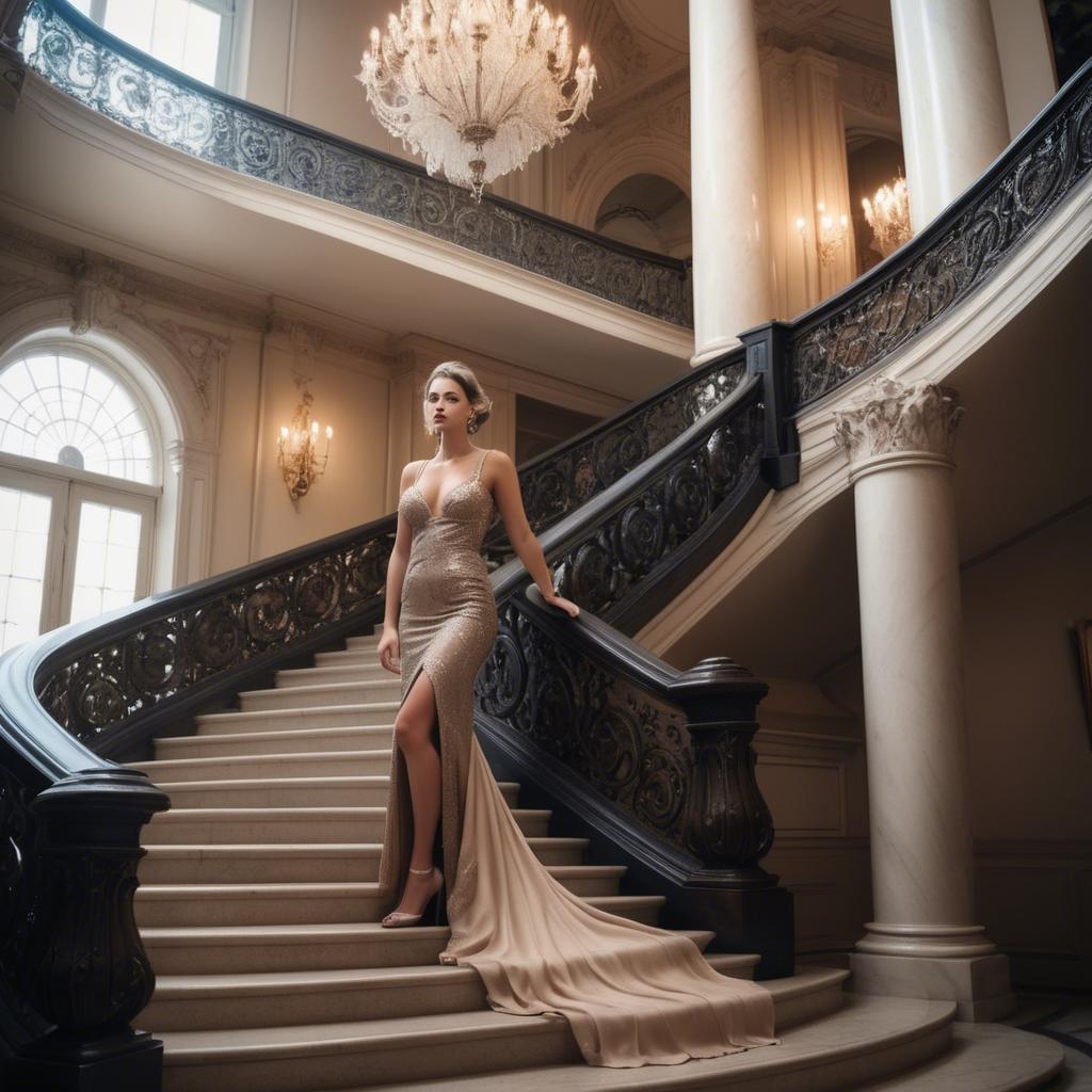 A stunning image of glamorous girl on a grand staircase.