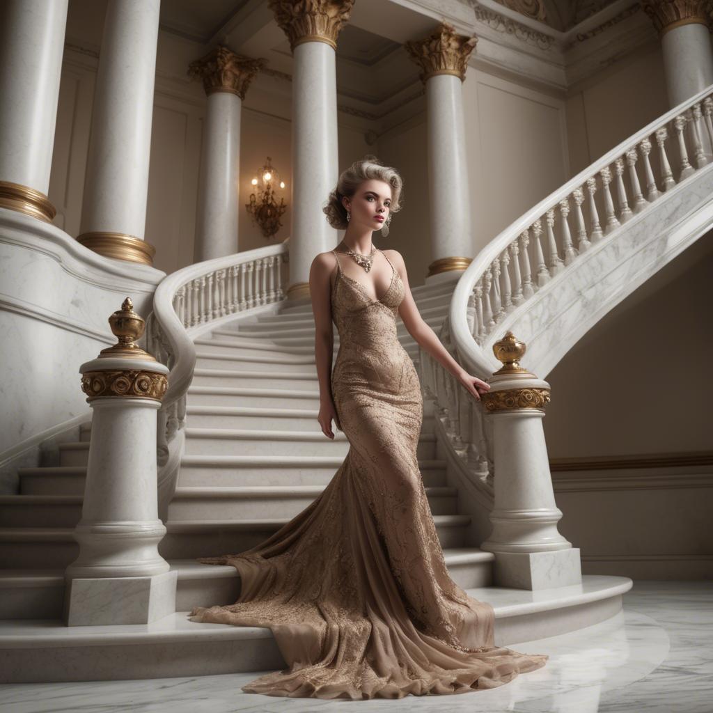 A stunning image of glamorous girl on a grand staircase.