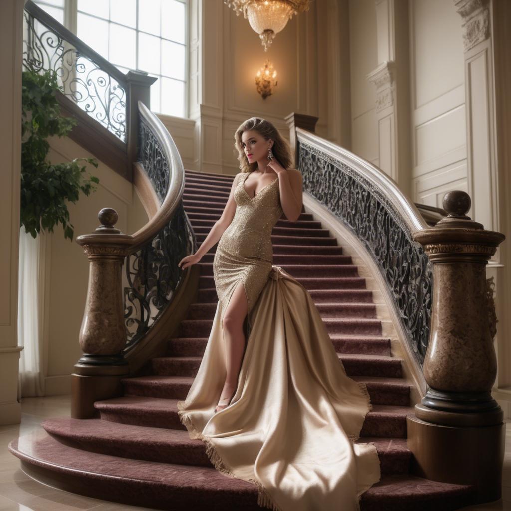 A stunning image of glamorous girl on a grand staircase.