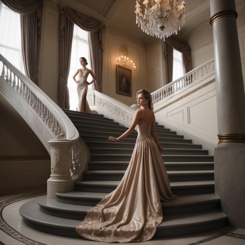 A stunning image of glamorous girl on a grand staircase.