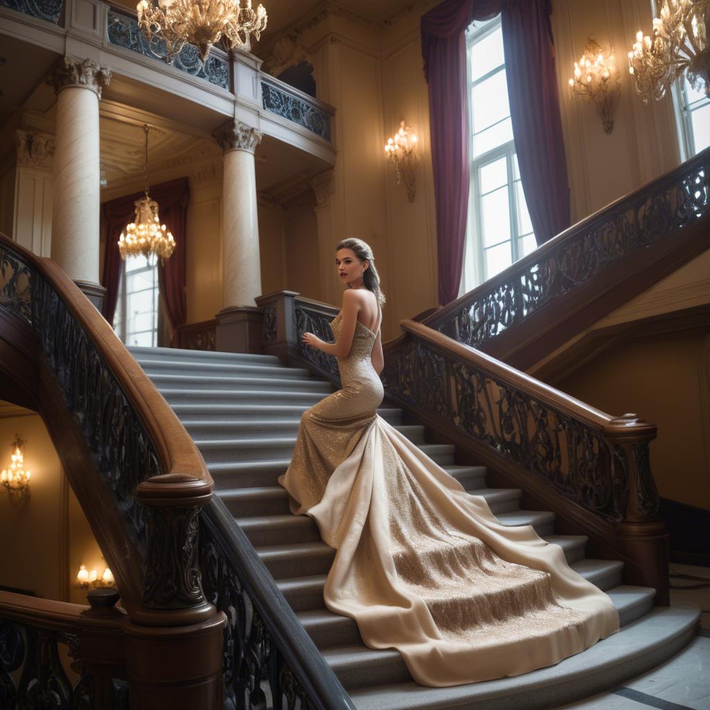 A stunning image of glamorous girl on a grand staircase.