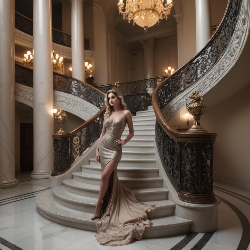 A stunning image of glamorous girl on a grand staircase.