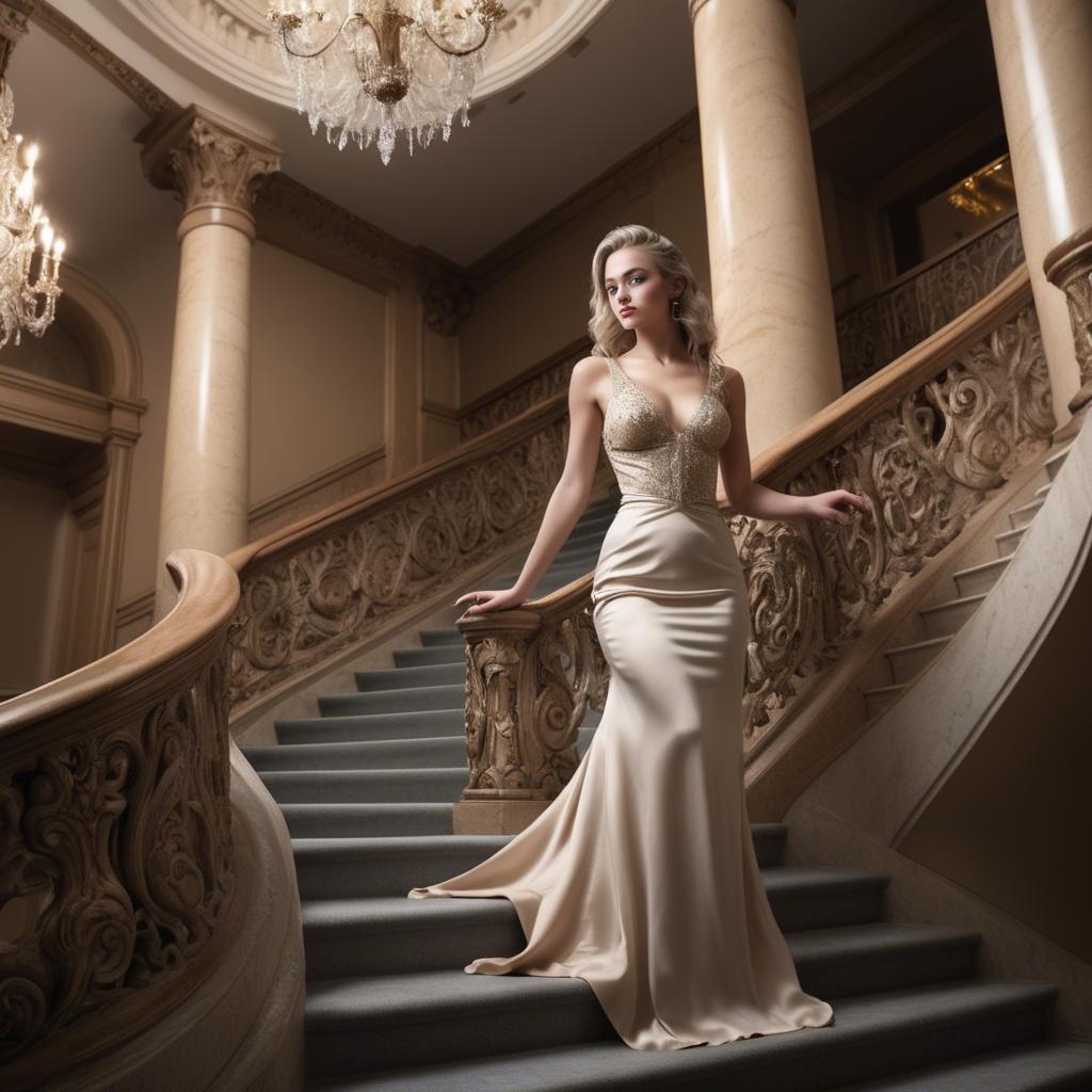 A stunning image of glamorous girl on a grand staircase.