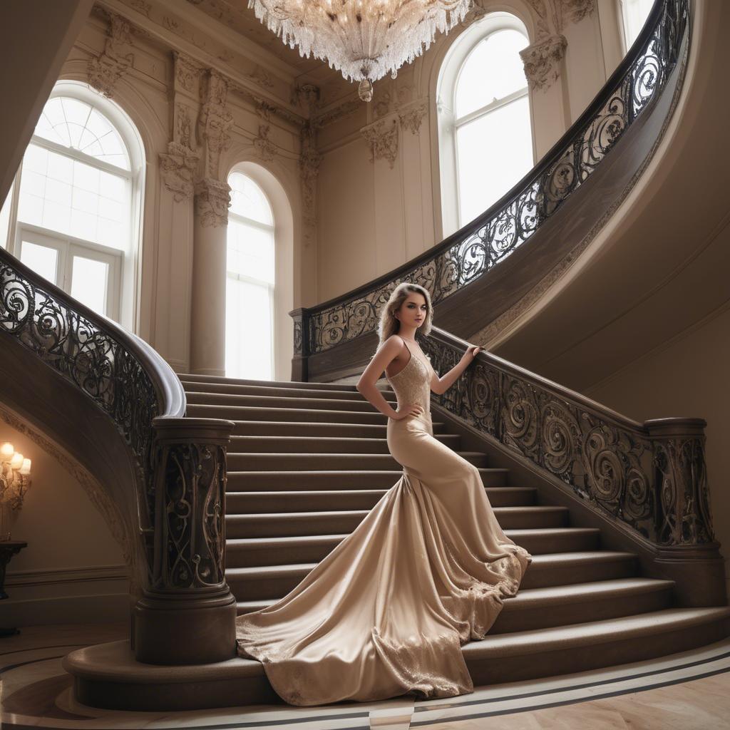 A stunning image of glamorous girl on a grand staircase.