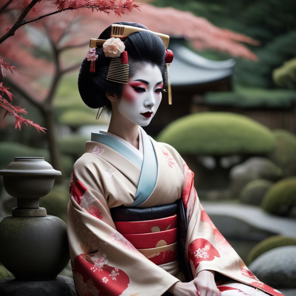 A stunning image of glamorous japanese geisha in a serene garden.