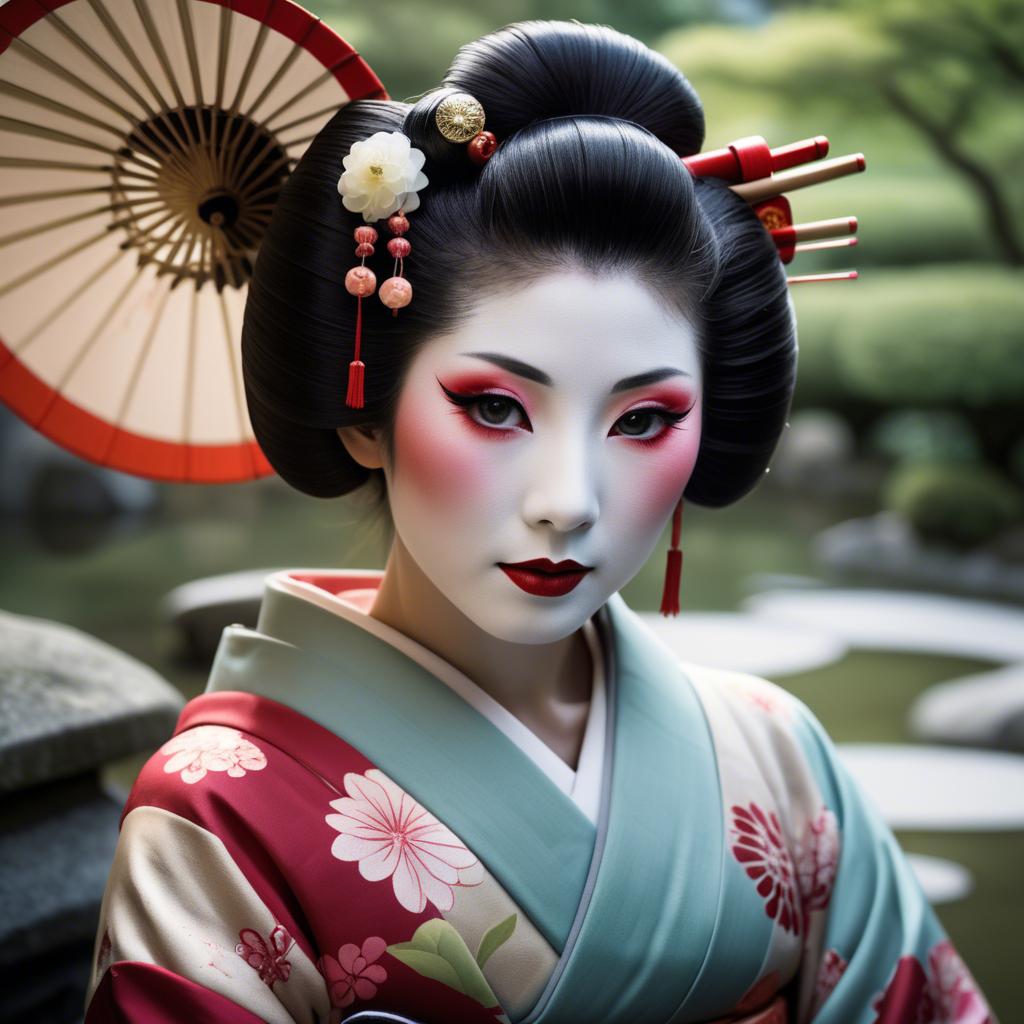 A stunning image of glamorous japanese geisha in a serene garden.