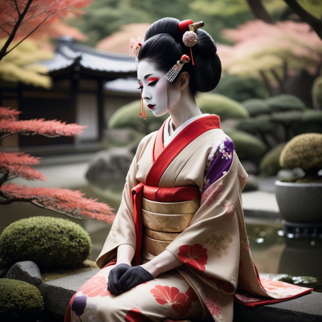 A stunning image of glamorous japanese geisha in a serene garden.
