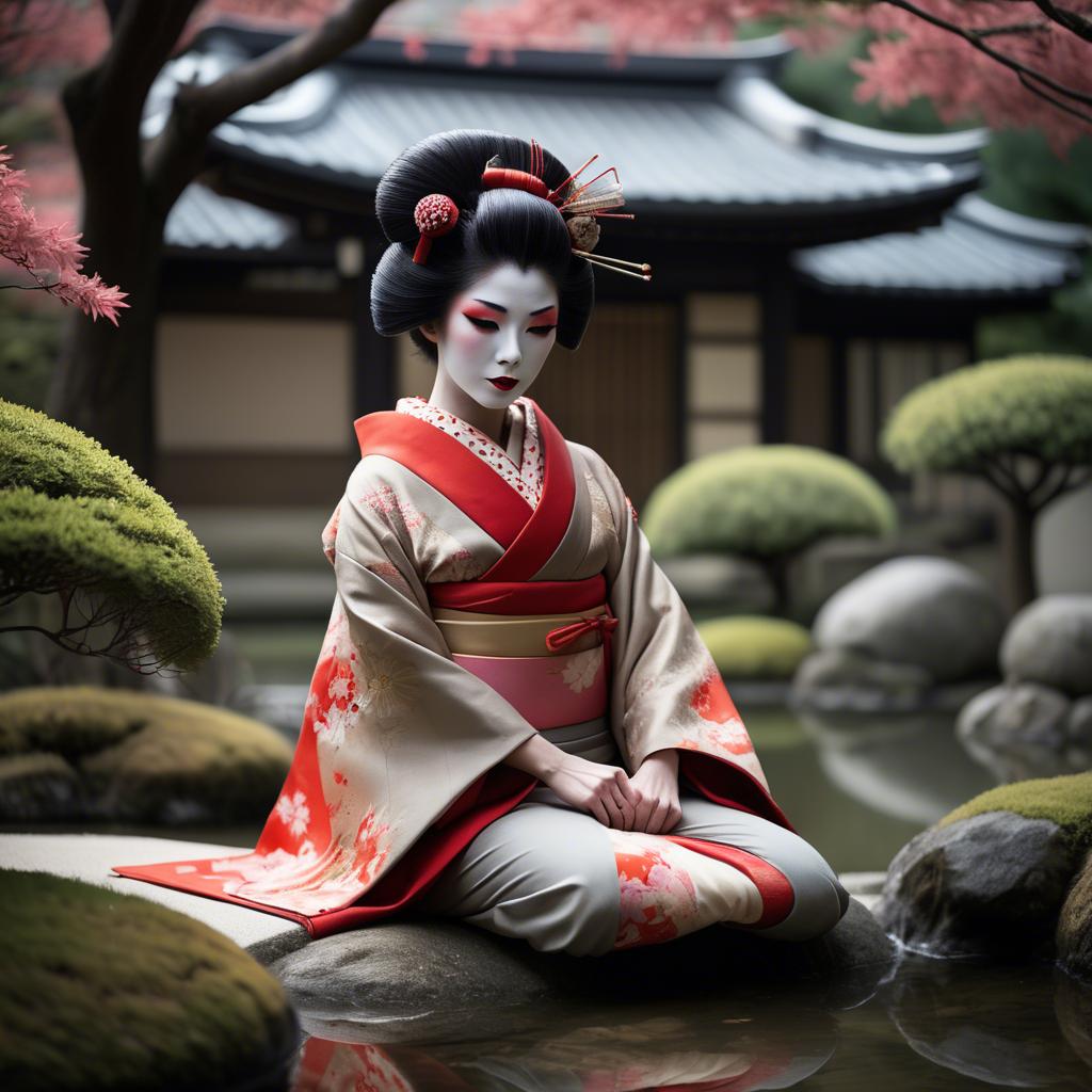 A stunning image of glamorous japanese geisha in a serene garden.