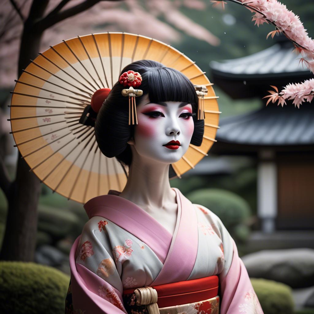 A stunning image of glamorous japanese geisha in a serene garden.