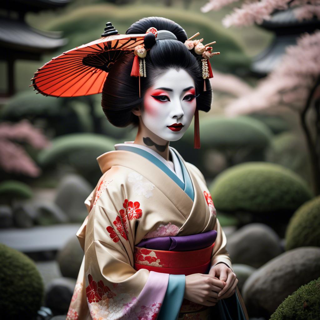 A stunning image of glamorous japanese geisha in a serene garden.