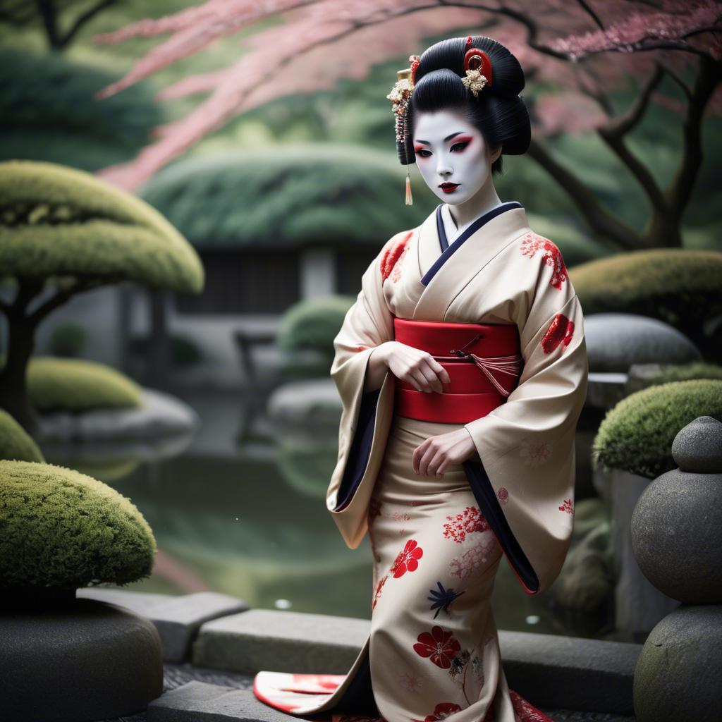 A stunning image of glamorous japanese geisha in a serene garden.