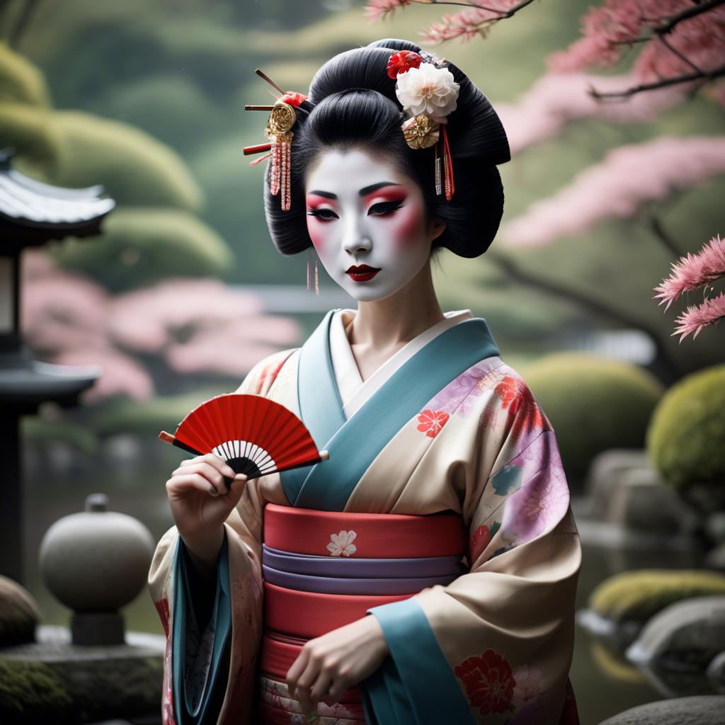 A stunning image of glamorous japanese geisha in a serene garden.