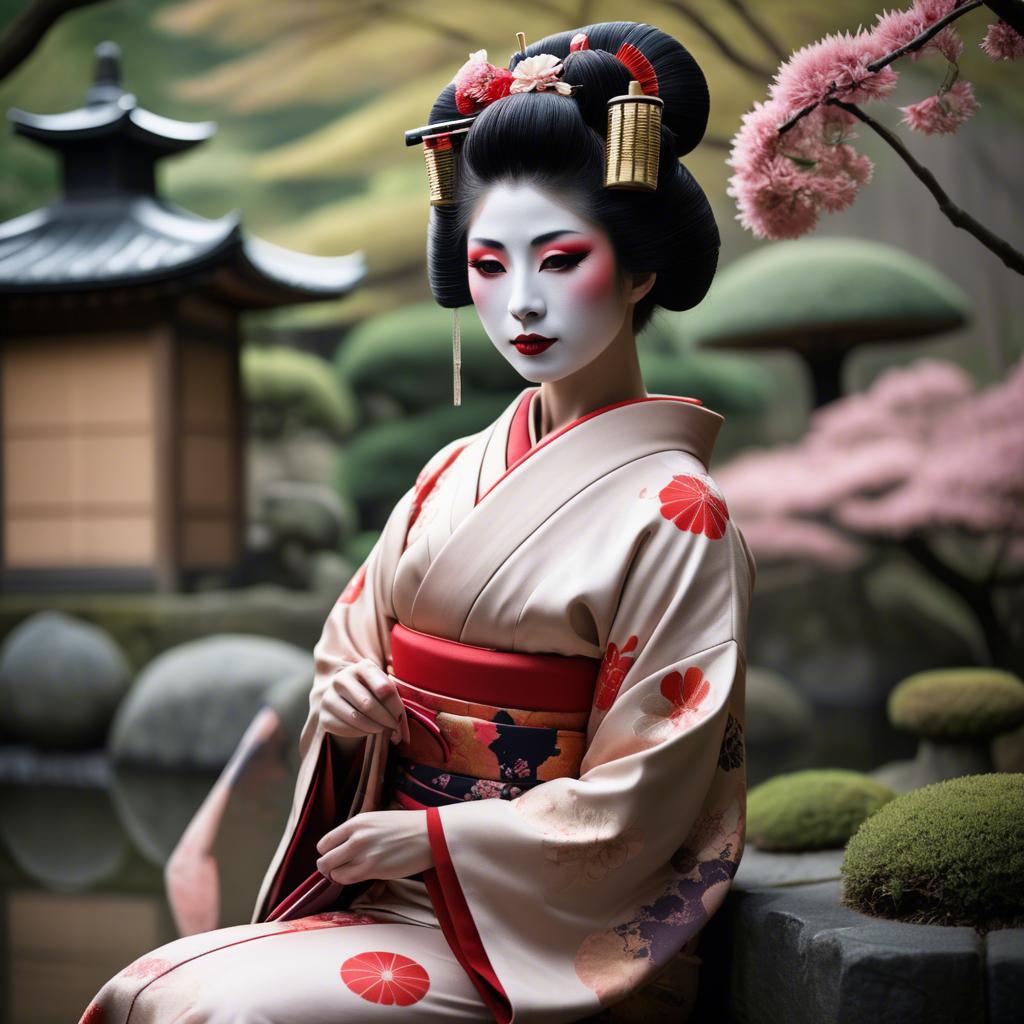 A stunning image of glamorous japanese geisha in a serene garden.