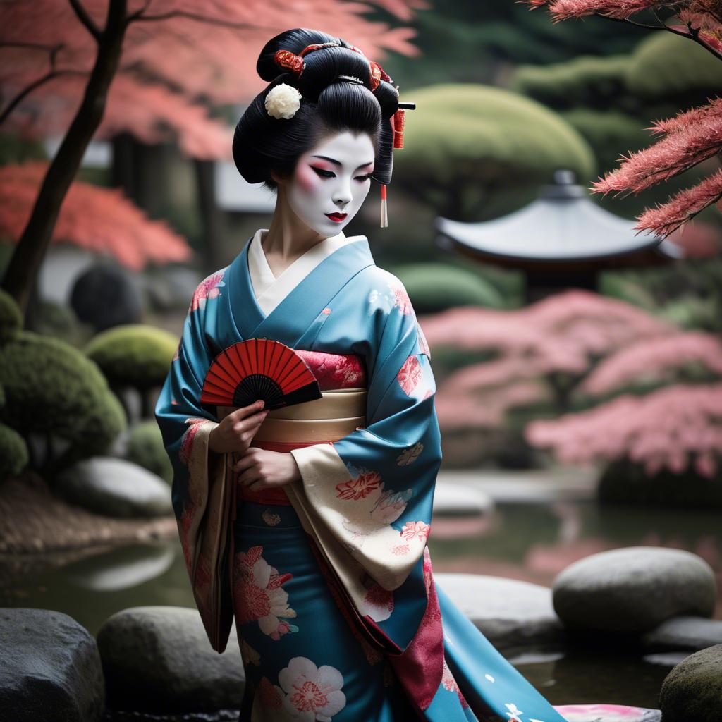 A stunning image of glamorous japanese geisha in a serene garden.