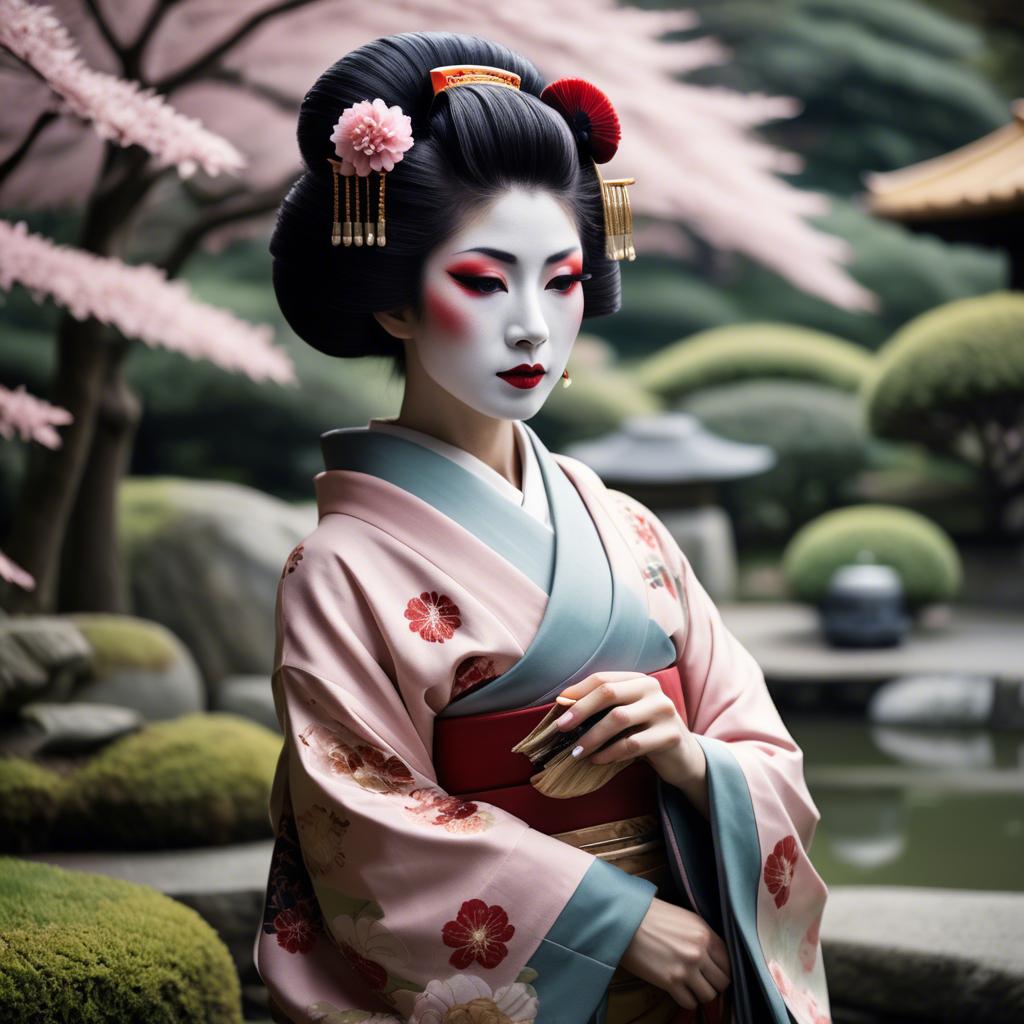 A stunning image of glamorous japanese geisha in a serene garden.