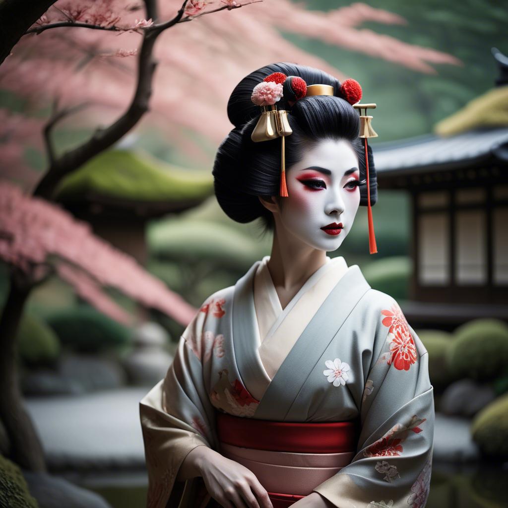 A stunning image of glamorous japanese geisha in a serene garden.