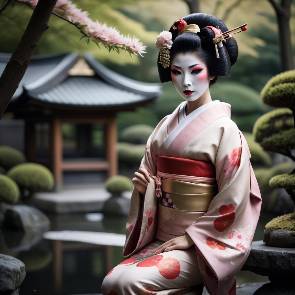 A stunning image of glamorous japanese geisha in a serene garden.