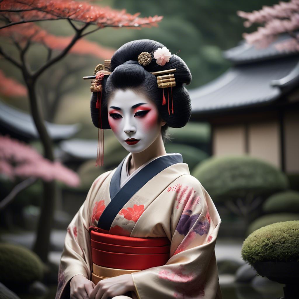 A stunning image of glamorous japanese geisha in a serene garden.