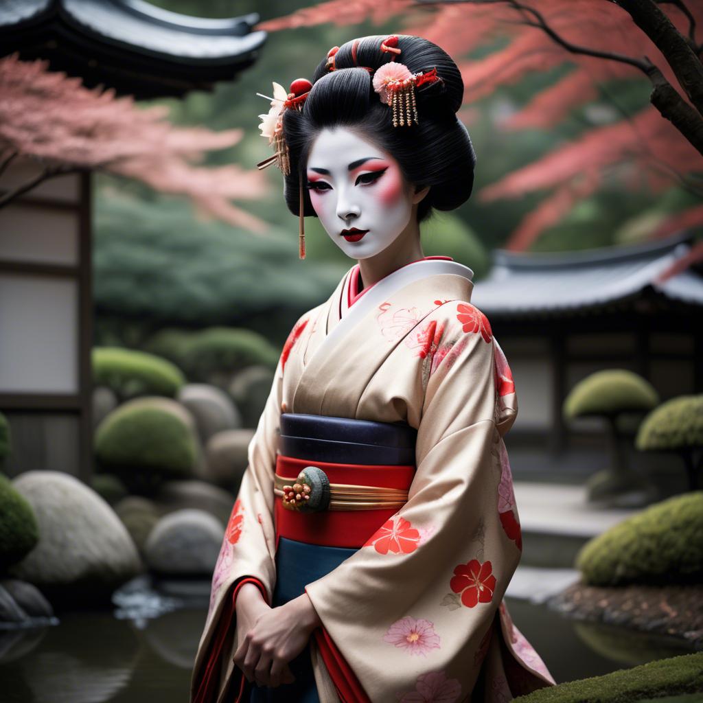 A stunning image of glamorous japanese geisha in a serene garden.