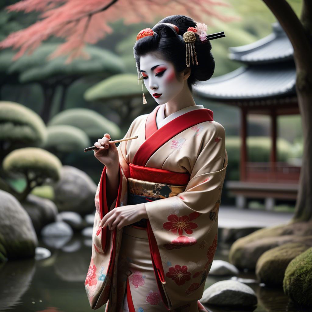 A stunning image of glamorous japanese geisha in a serene garden.