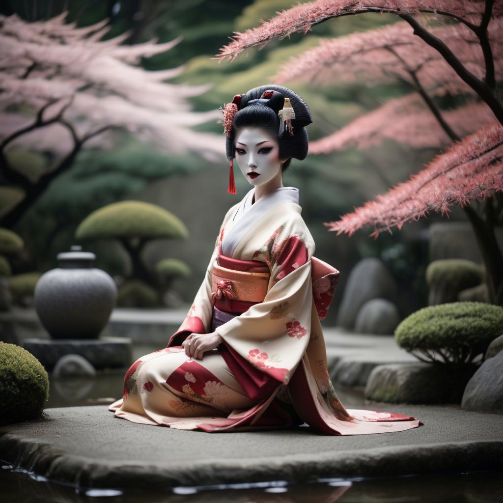 A stunning image of glamorous japanese geisha in a serene garden.