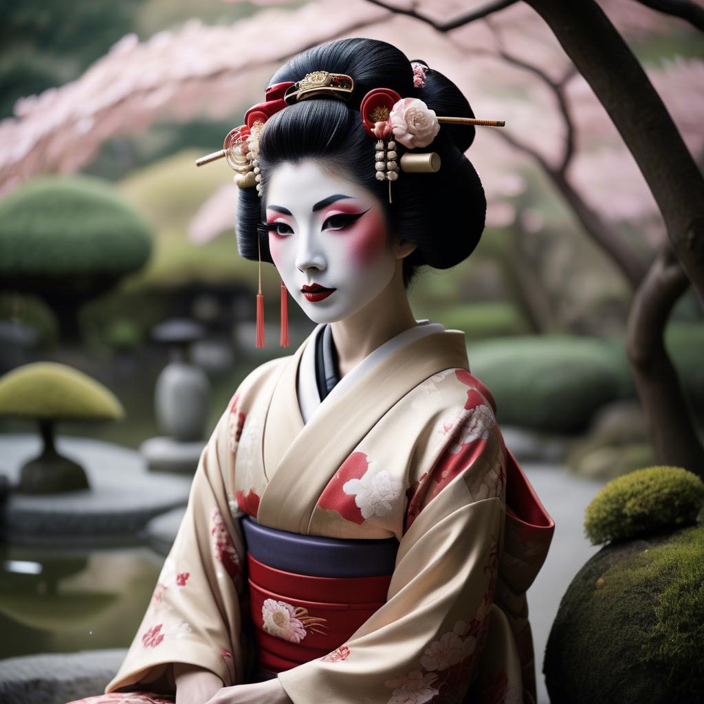 A stunning image of glamorous japanese geisha in a serene garden.