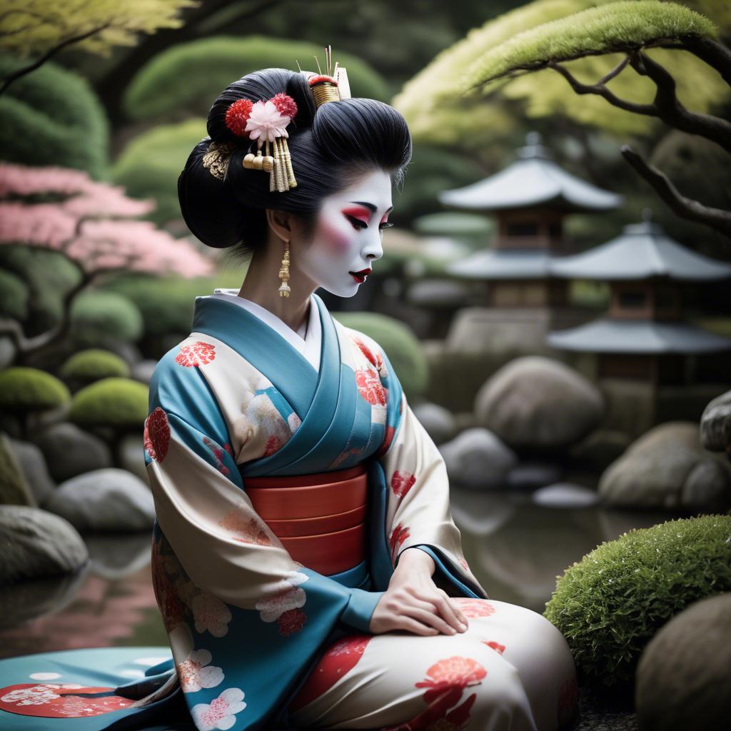 A stunning image of glamorous japanese geisha in a serene garden.