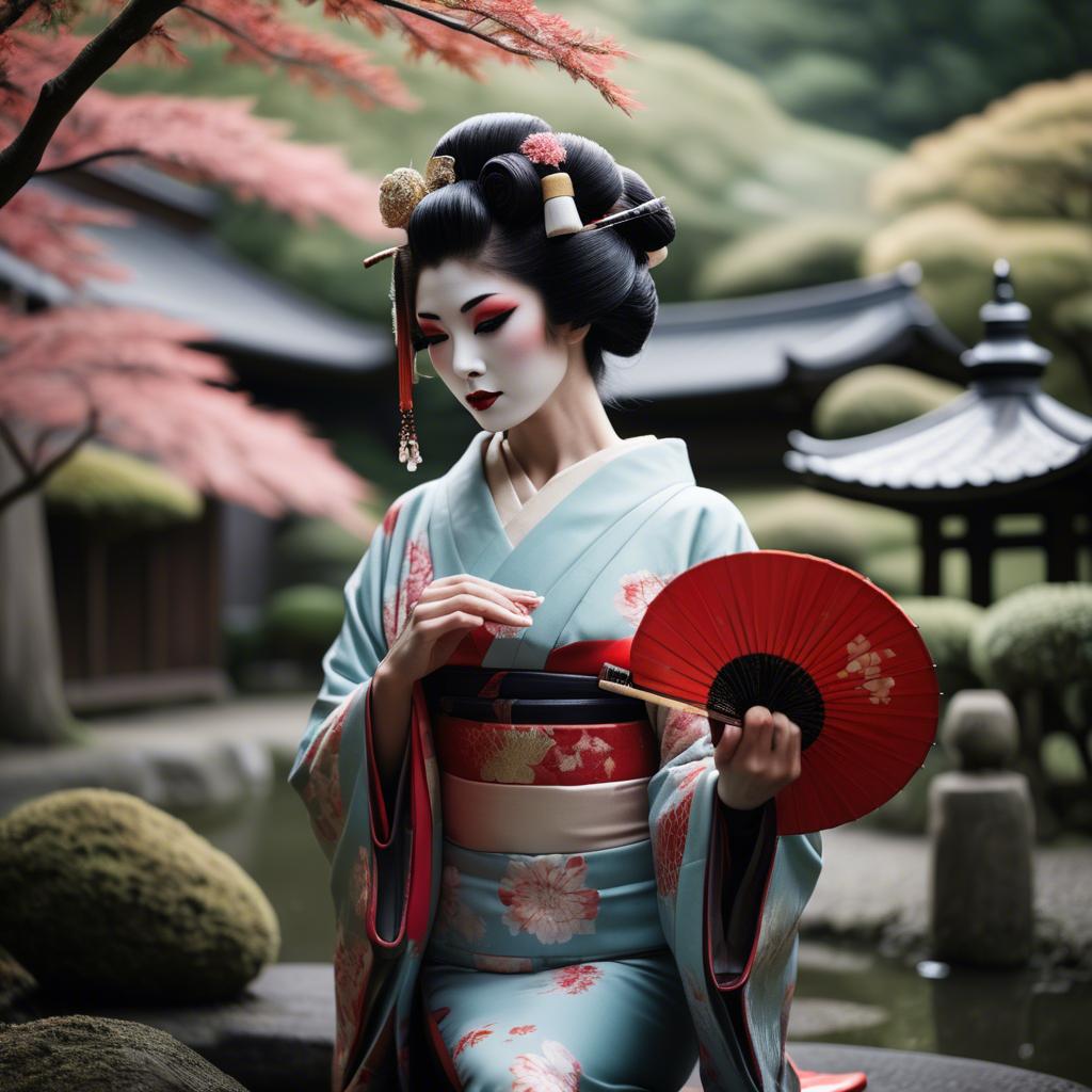 A stunning image of glamorous japanese geisha in a serene garden.