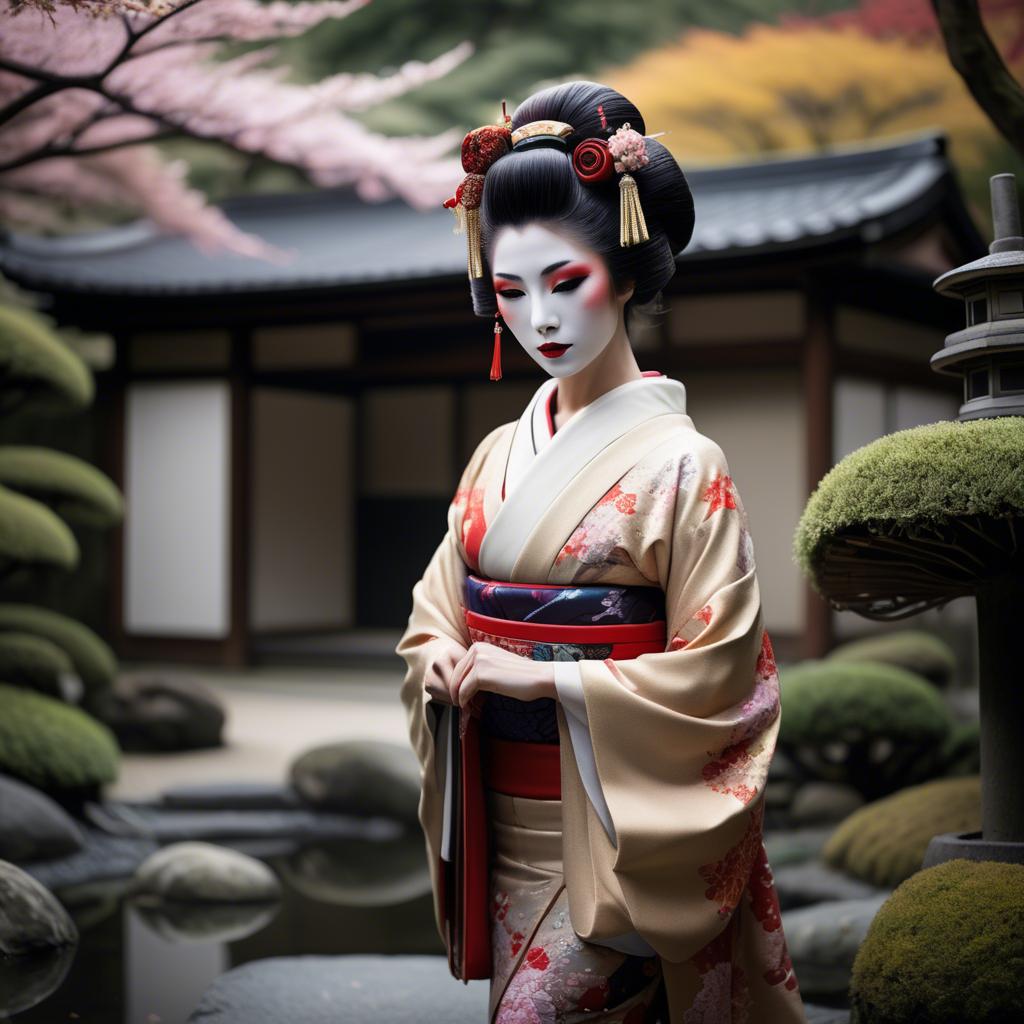 A stunning image of glamorous japanese geisha in a serene garden.