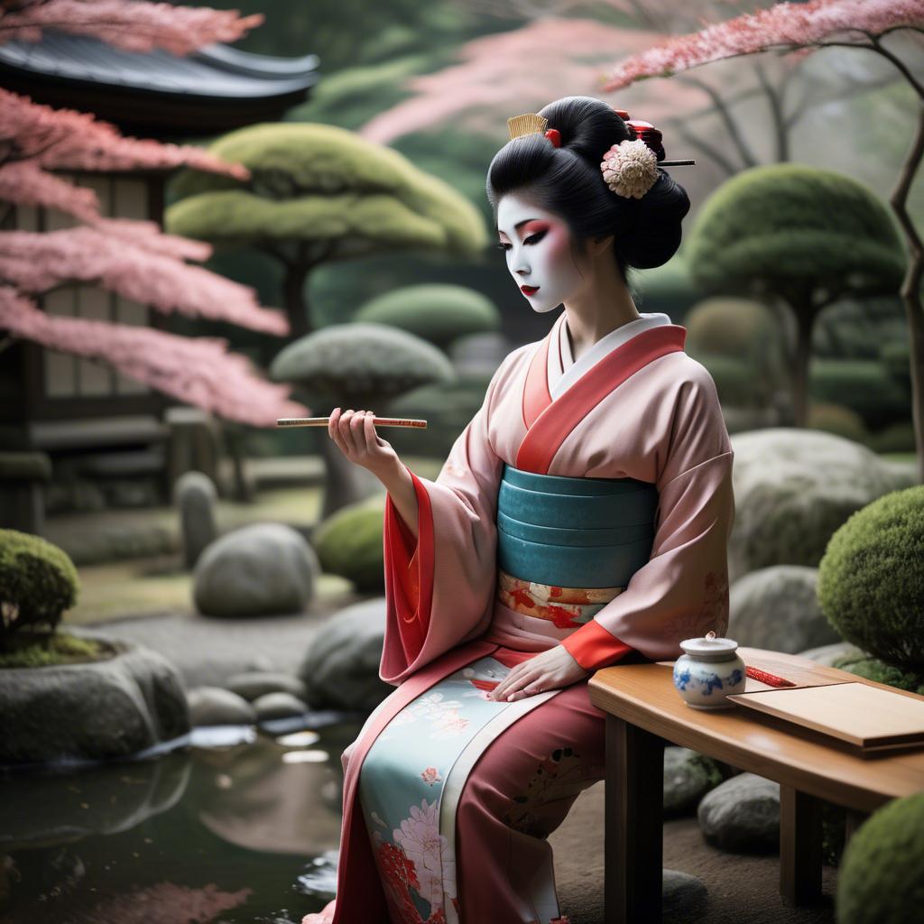 A stunning image of glamorous japanese geisha in a serene garden.