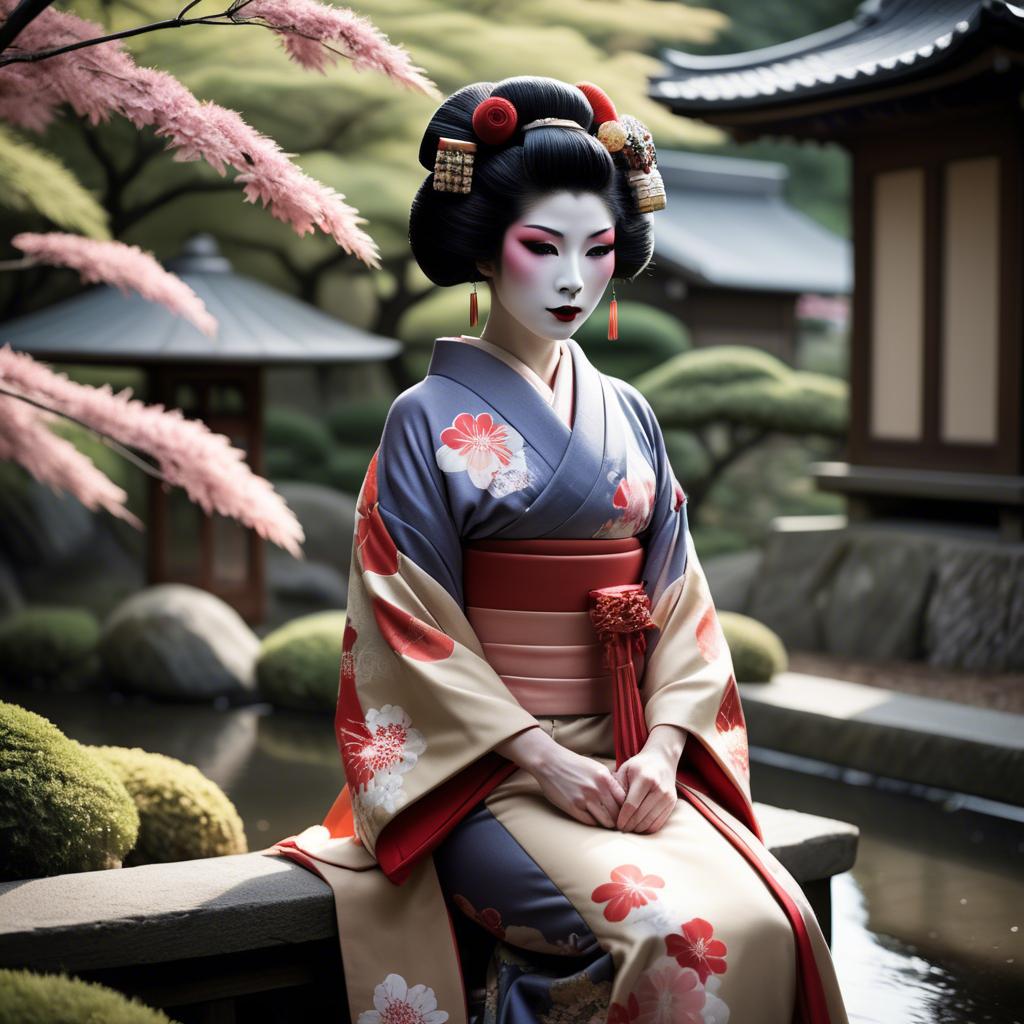 A stunning image of glamorous japanese geisha in a serene garden.