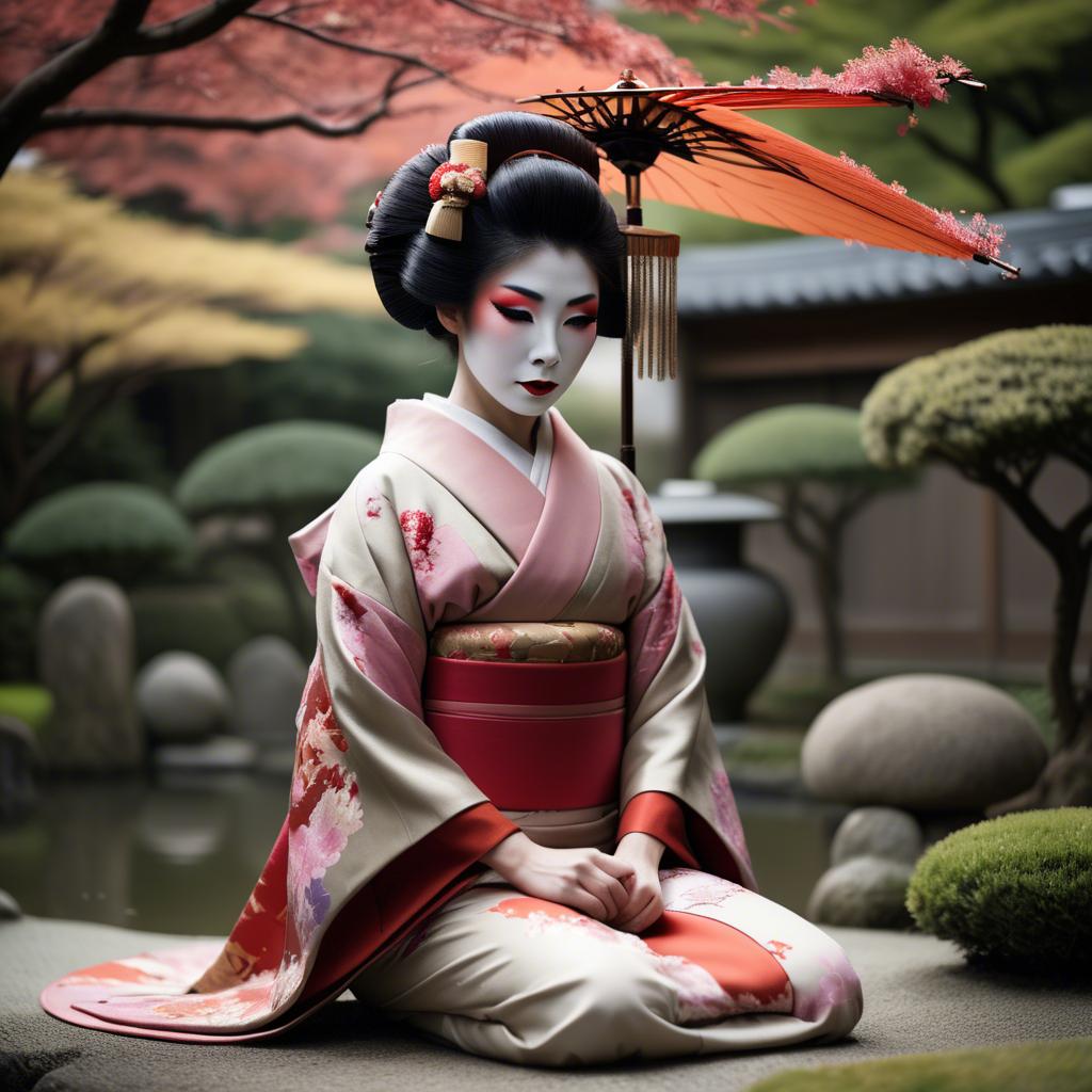 A stunning image of glamorous japanese geisha in a serene garden.