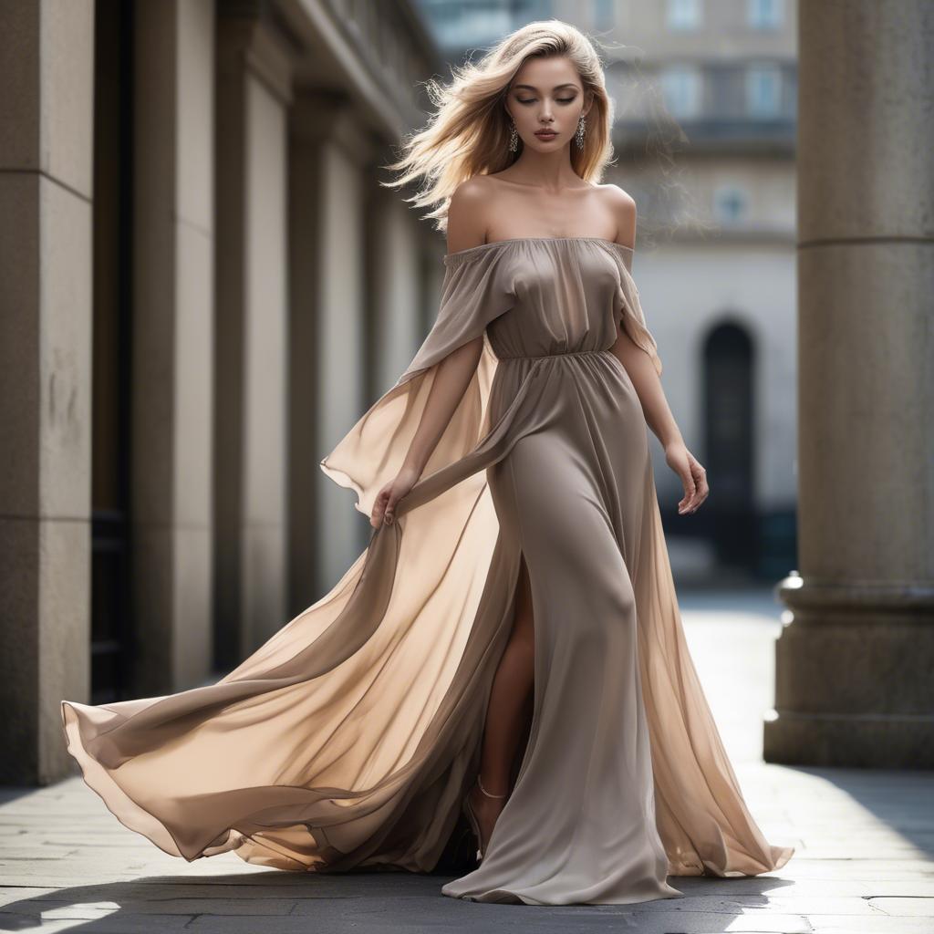 A stunning image of glamorous model, flowing dress slipping off shoulder.