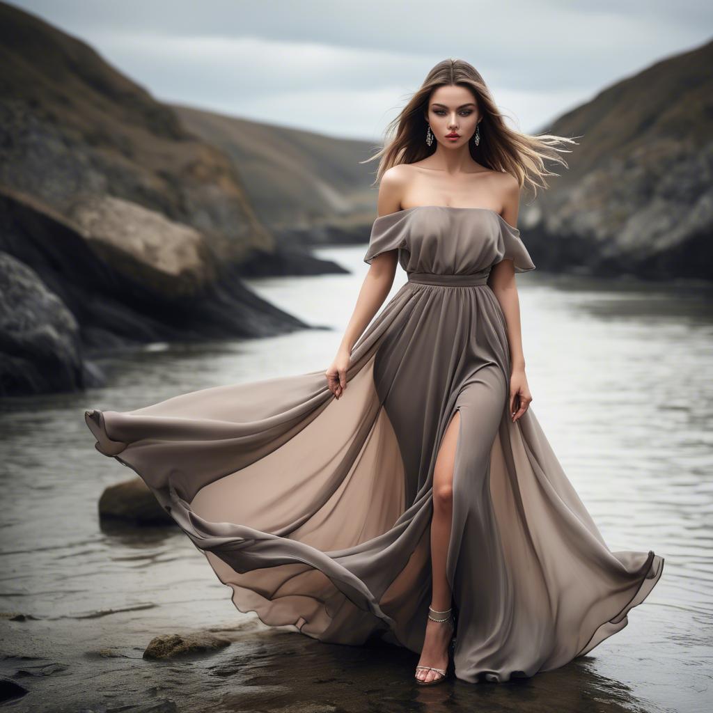 A stunning image of glamorous model, flowing dress slipping off shoulder.