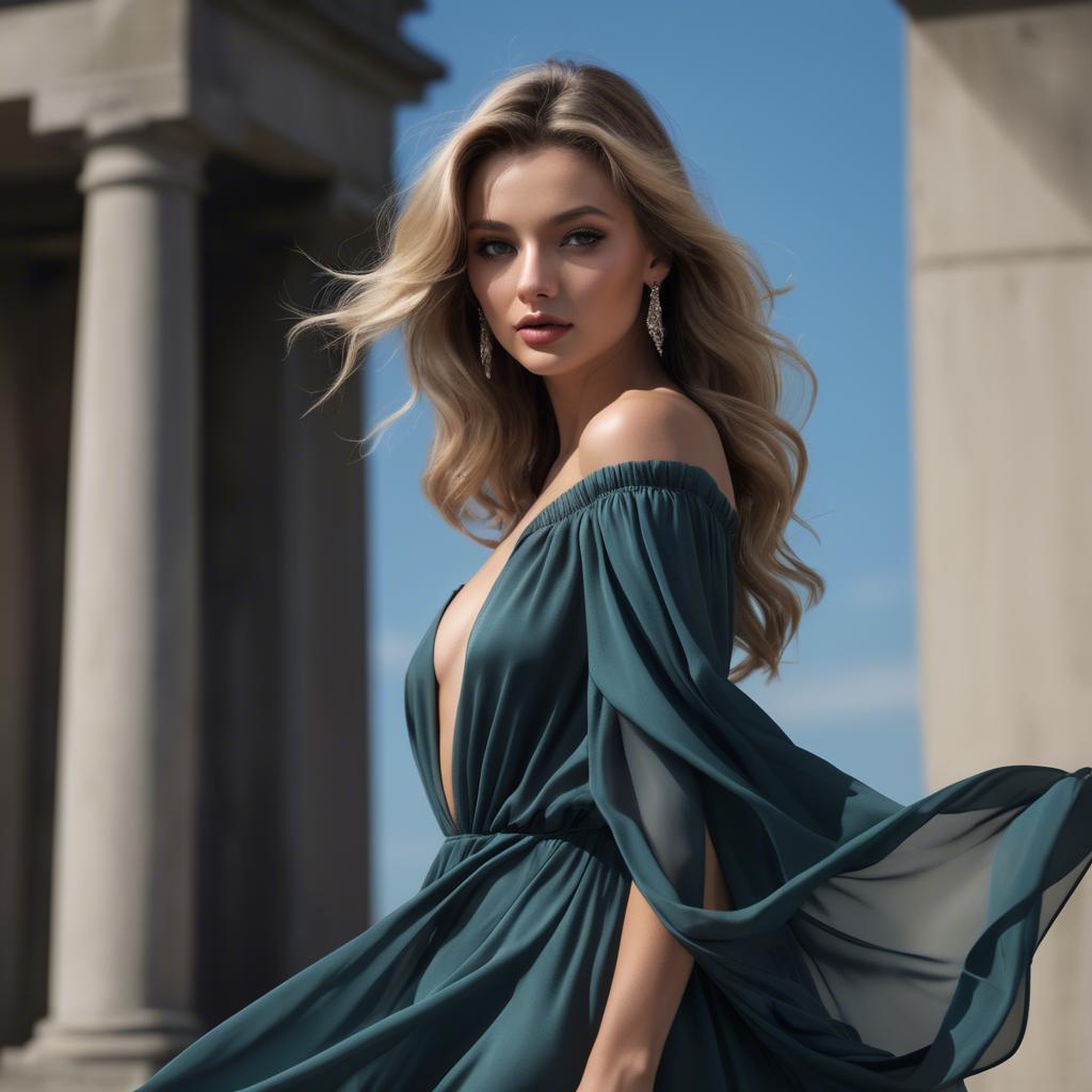 A stunning image of glamorous model, flowing dress slipping off shoulder.