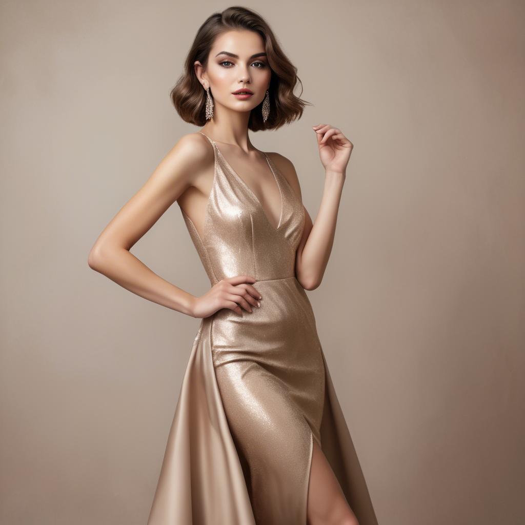 A stunning image of glamorous model in a champagne-colored dress.