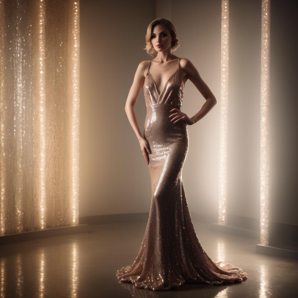 A stunning image of glamorous model in a sequined gown under soft lighting.