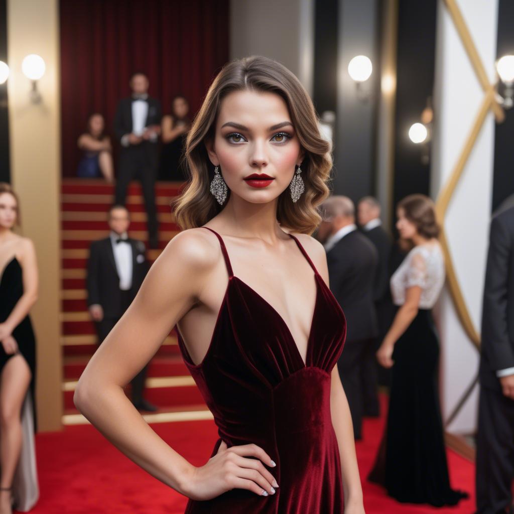 A stunning image of glamorous model in a velvet gown on a red carpet.