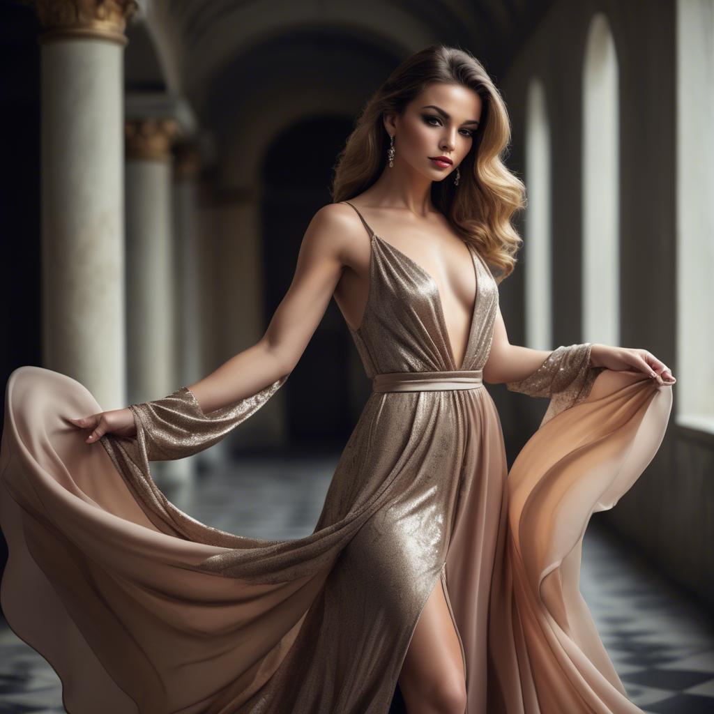 A stunning image of glamorous woman, flowing dress with a seductive look.