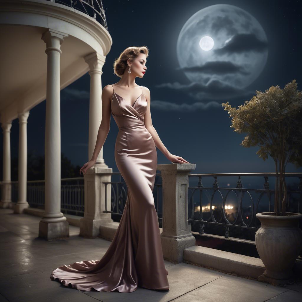 A stunning image of glamorous woman in a satin dress on a moonlit terrace.