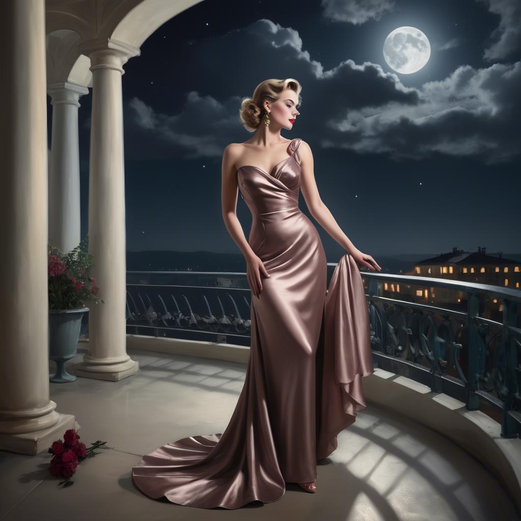 A stunning image of glamorous woman in a satin dress on a moonlit terrace.