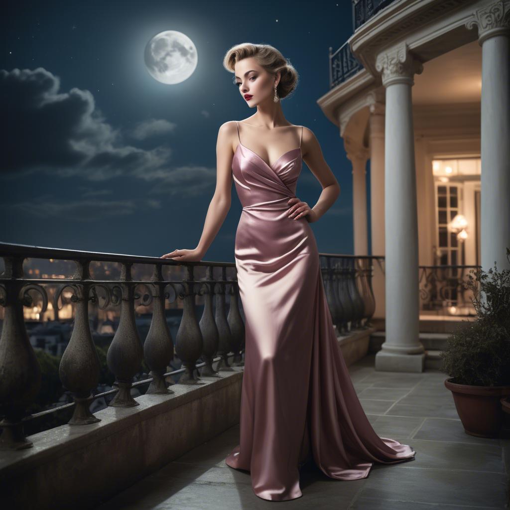 A stunning image of glamorous woman in a satin dress on a moonlit terrace.
