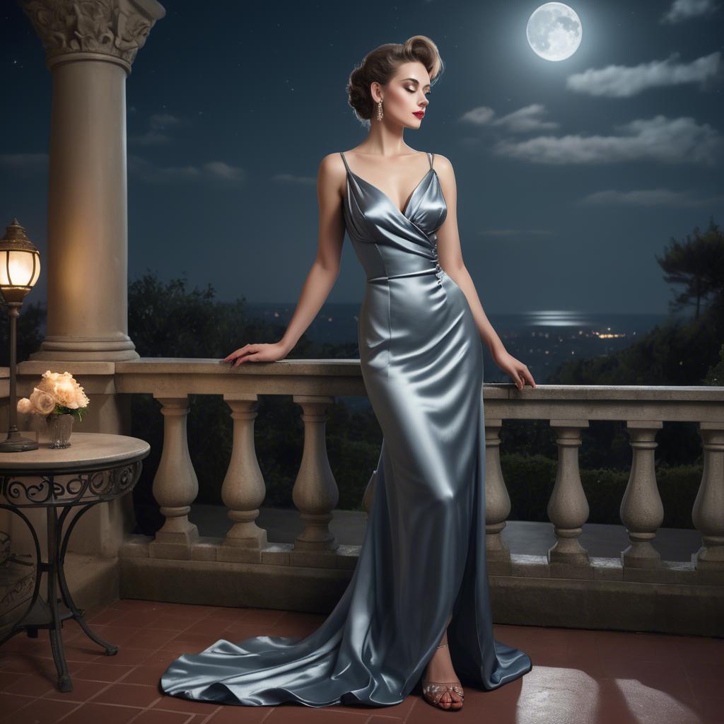 A stunning image of glamorous woman in a satin dress on a moonlit terrace.