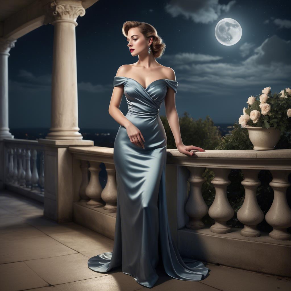 A stunning image of glamorous woman in a satin dress on a moonlit terrace.
