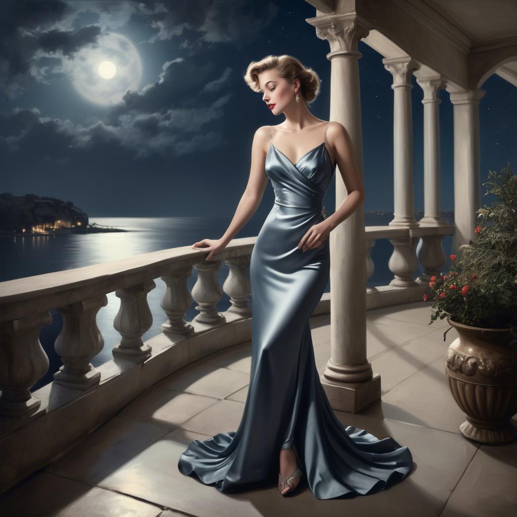 A stunning image of glamorous woman in a satin dress on a moonlit terrace.