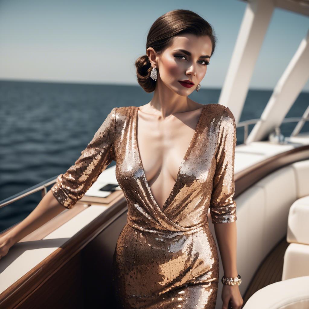 A stunning image of glamorous woman in a sequined dress on a yacht.