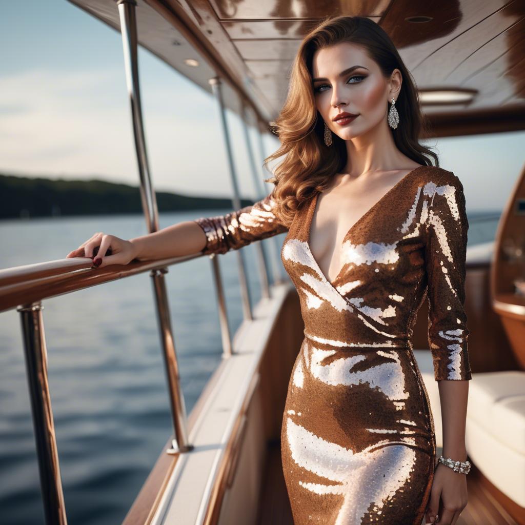 A stunning image of glamorous woman in a sequined dress on a yacht.