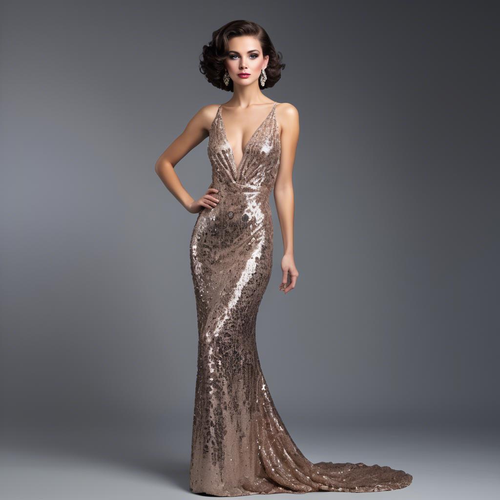 A stunning image of glamorous woman in a sequined evening gown.