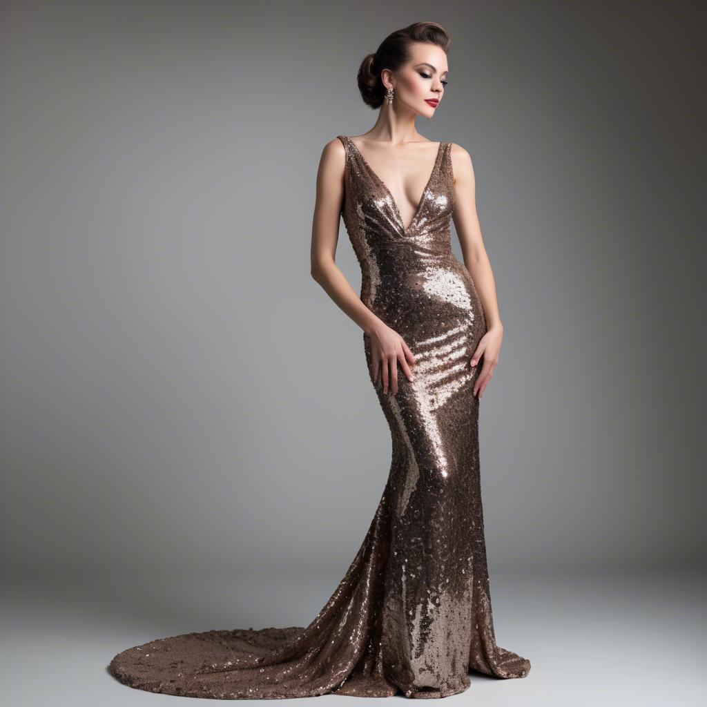 A stunning image of glamorous woman in a sequined evening gown.