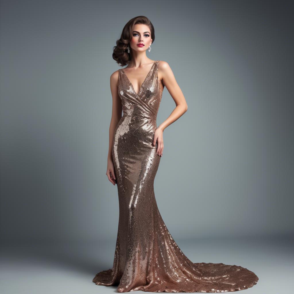 A stunning image of glamorous woman in a sequined evening gown.